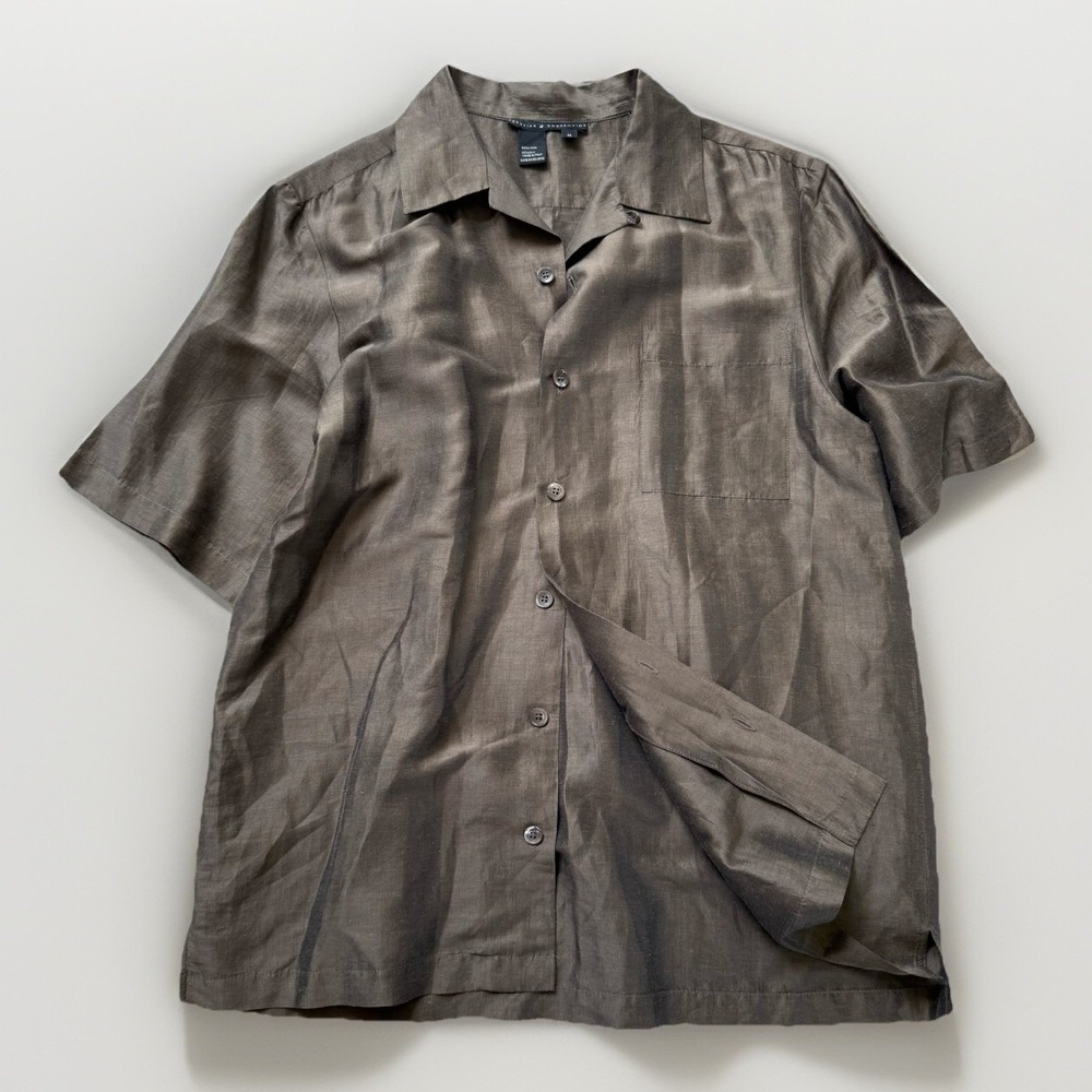 Peruvian Connection Women's Linen Silk Button Up Short Sleeve Shirt Olive Size M